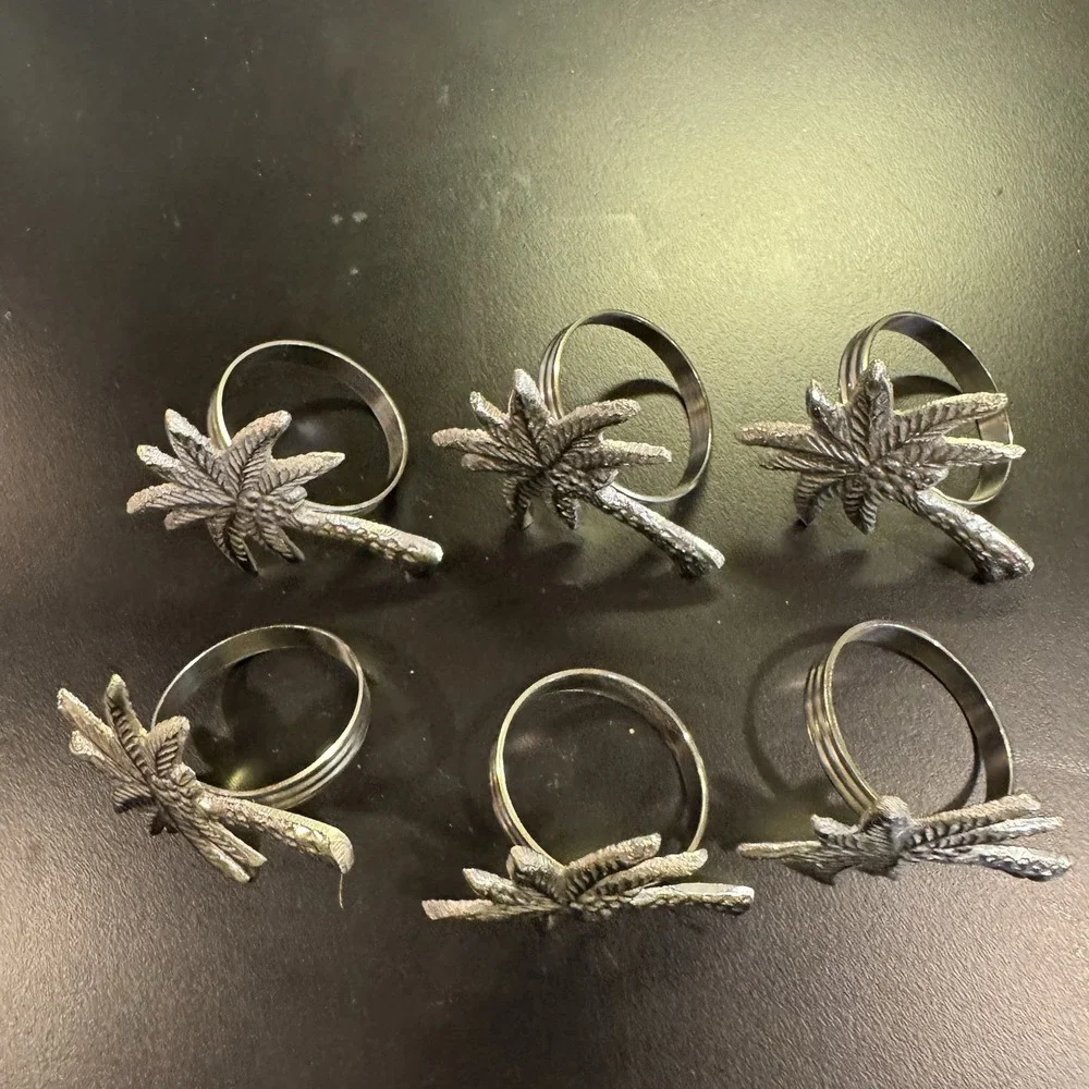 Silver Palm Tree Napkin Holders w Rings Pewter Set of 6 Beach‎ Hawaiian Themed